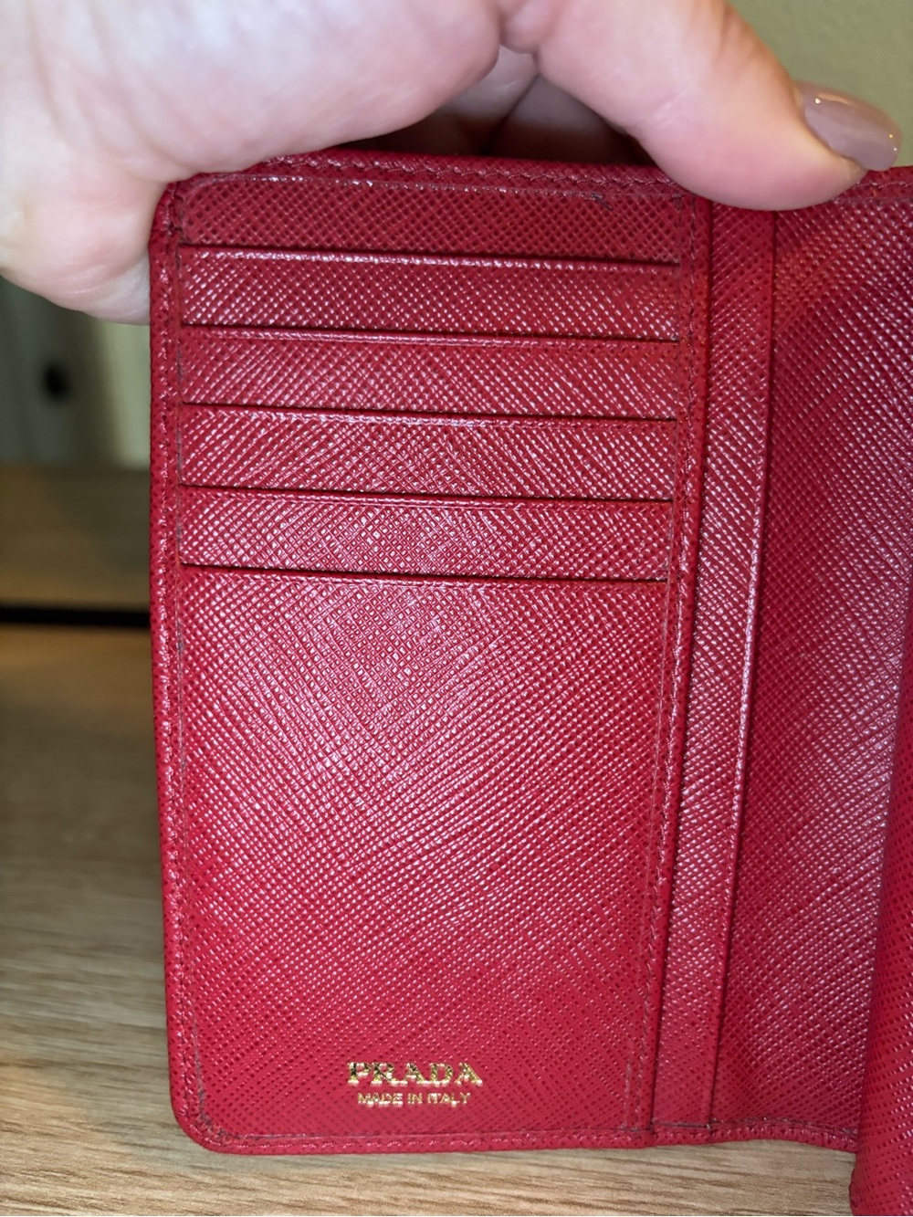 Prada Red Saffiano Compact Wallet with Gold Triangle Logo - Picture 8 of 11